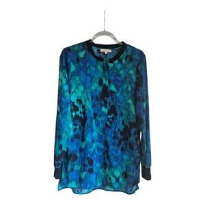 Joan Vass New York Womens M Blouse Blue Green Abstract L/S Button-Up